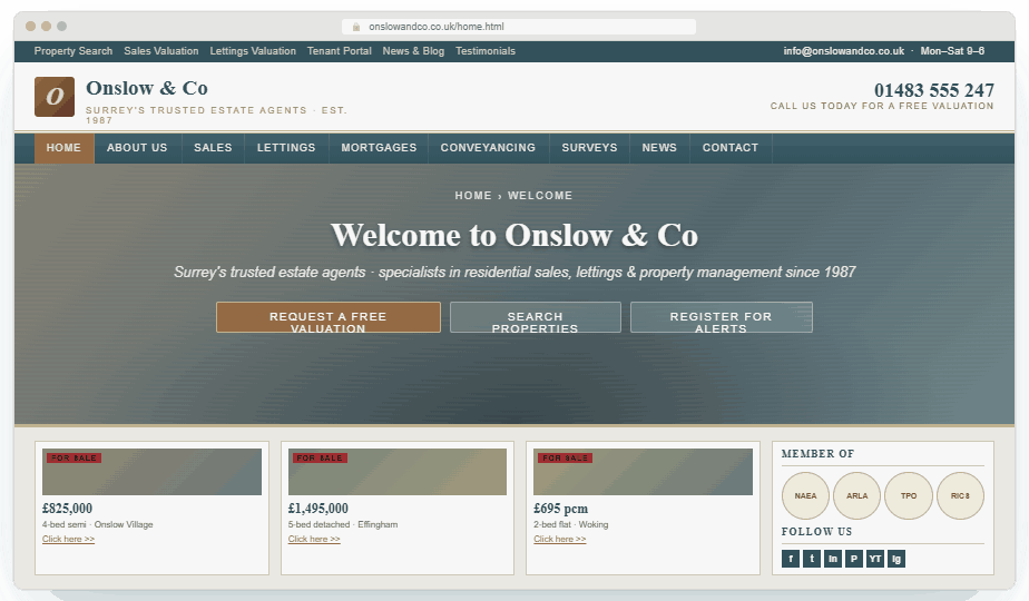 Screenshot of a typical 2010s-era UK estate-agency website. Busy multi-row navigation, brown-gold logo, three-CTA decision-paralysis hero, member-of badges sidebar, red FOR SALE ribbons and Click here links on property cards.